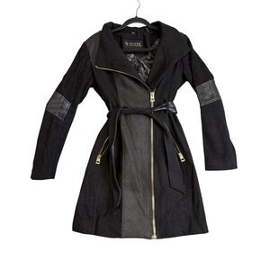 Guess Coat Womens XS Black Wool Blend Faux Leather Moto Belted Asym Zip Trench